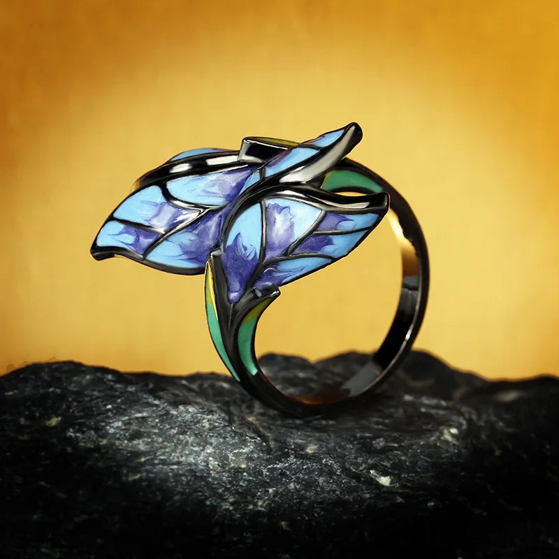 Women's Jewelry Unique Shape Blue Butterfly Enamel Ring Elegant Party Jewelry Handmade Enamel Butterfly Ring