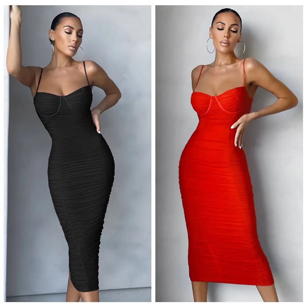 New Mesh Draped Midi Bandage Dress Bodycon Women's Summer  Dress Evening Club Outfits