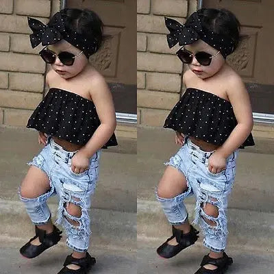 New Fashion Toddler Baby Girls Clothes Black Casual Denim Outfits Set