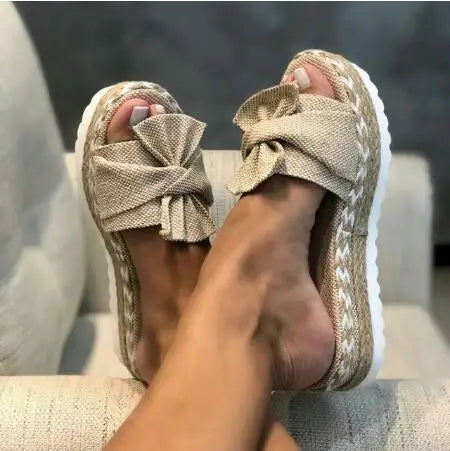 Slippers Women Slides Bow Summer Sandals Bow-Knot Slippers Thick Soles Flat Platform Female Floral Beach Shoes Flip Flop