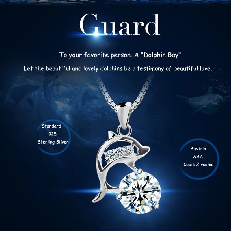New Fashion Jewelry 925 Sterling Silver Round CZ Dolphin Pendant Necklaces Fine Zircon Charm Clavicle Chain Women Birthday Gift