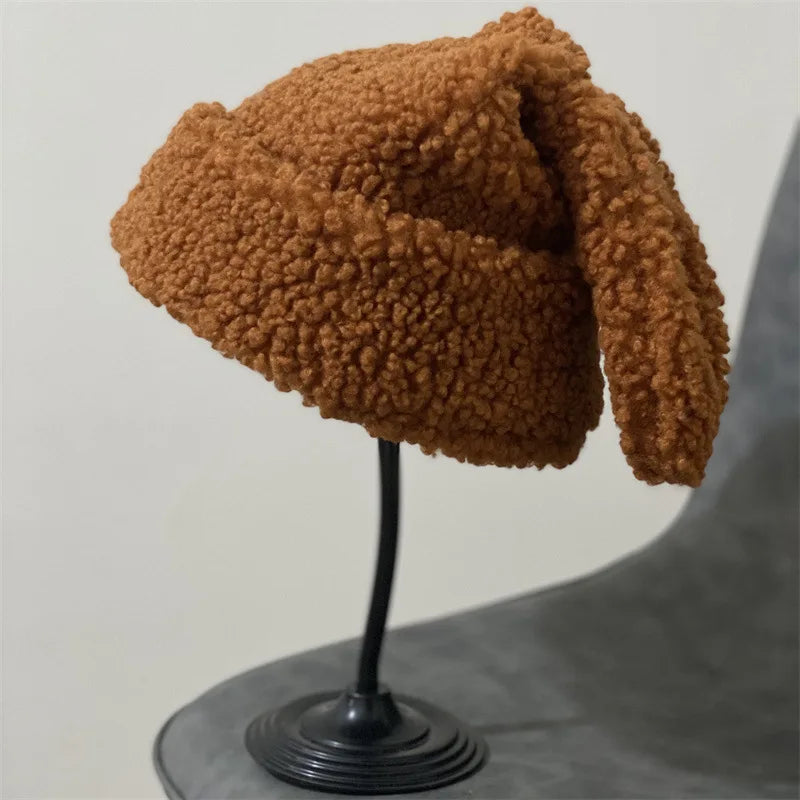 Draping Rabbit Ears Cashmere Hat Women Autumn and Winter Knitted Wool hat Winter Thicken Warm Korean Version of Japanese hat