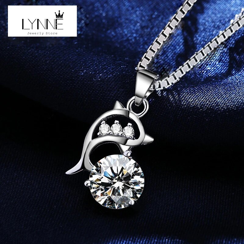 New Fashion Jewelry 925 Sterling Silver Round CZ Dolphin Pendant Necklaces Fine Zircon Charm Clavicle Chain Women Birthday Gift