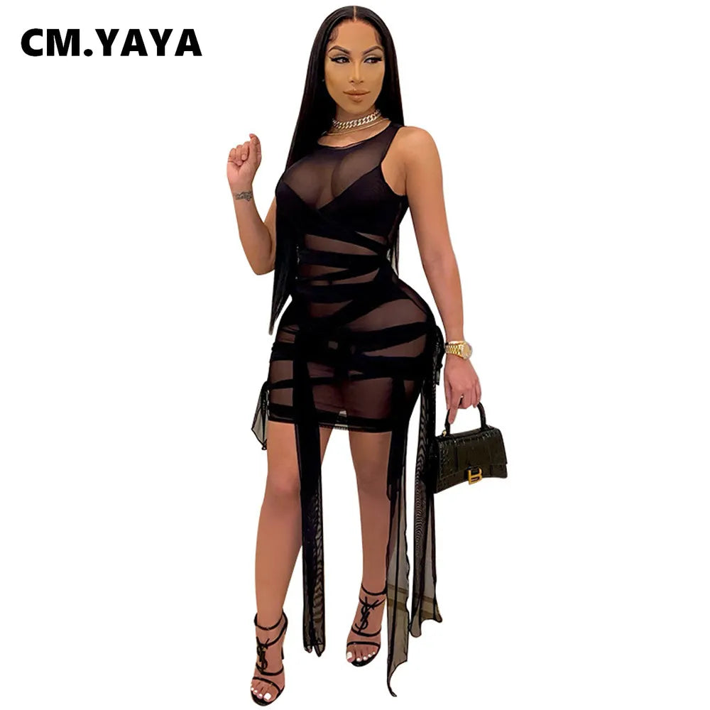 CM.YAYA Women's Mesh See Though Drawstring Lace Up Sleeveless Mini Dress