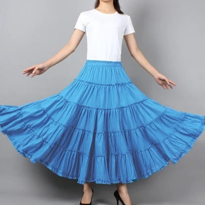 Boho Beach Midi Umbrella Long Skirts Summer Femininas Sundress Maxi Cotton Skirts Elastic Waist Pleated Spliced Patchwork Skirts