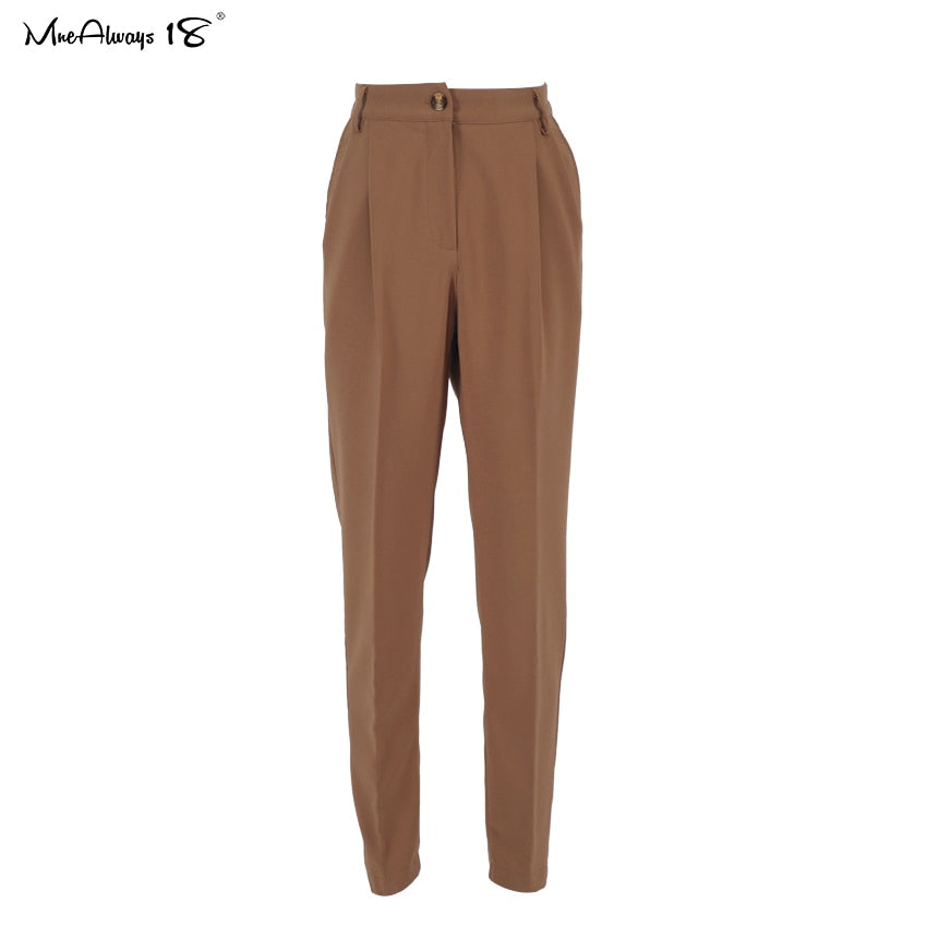 Mnealways18 Vintage Zipper Khaki Trousers Women High Waist Office Pants Ladies Brown Trousers Work Wear Autumn Long Pants 2021