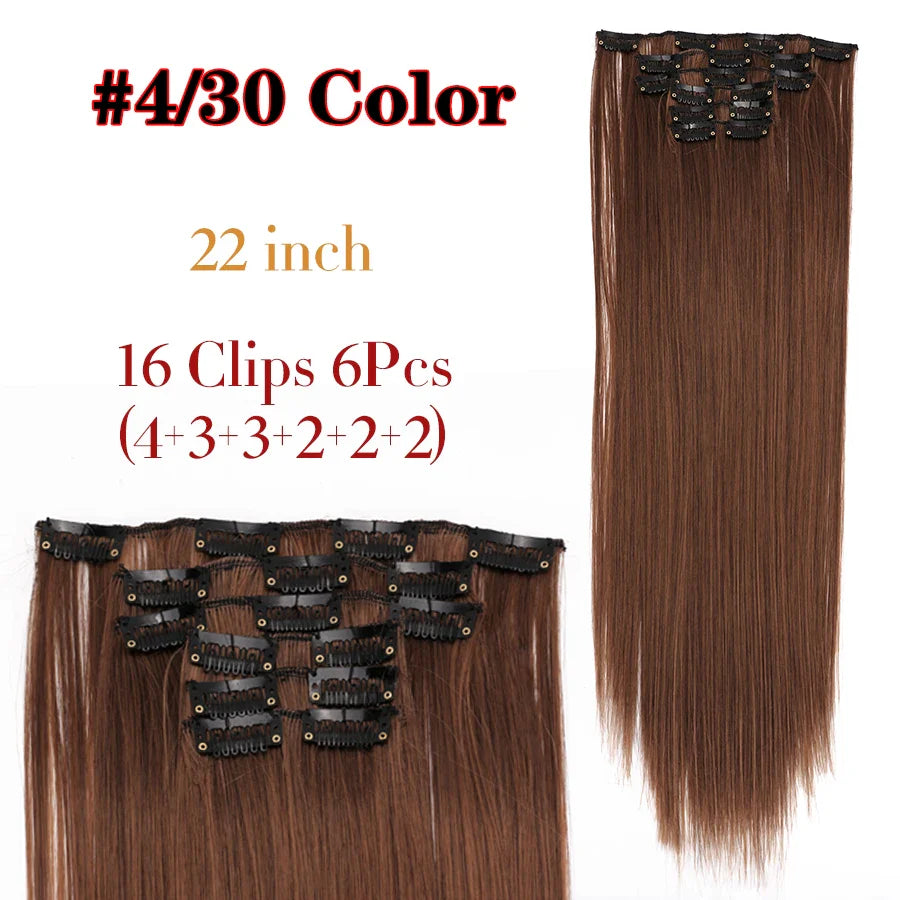 Leeons 16Clips Long Straight Synthetic Clip On Hair Extensions Cheveux Clip Naturel High Temperature Fiber Black Brown Hairpiece