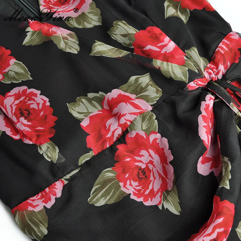 MoaaYina Fashion Designer dress Summer Women's Dress V Neck  Cascading Ruffle Ruched Rose Floral Print package hip Dresses
