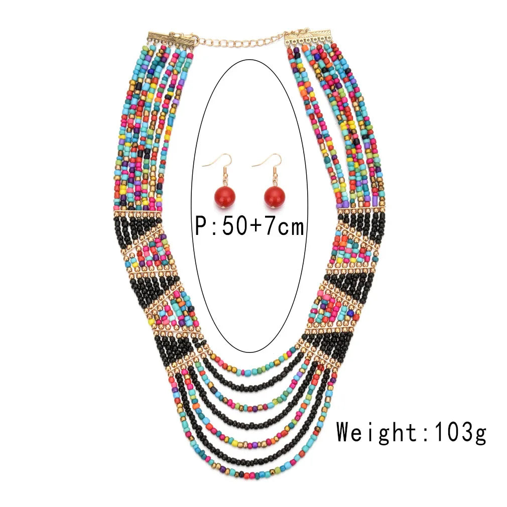Hyperbole Women's Jewelry Sets Bohemia Multi Layer Handmade Beaded Chains Beads Necklace Hanging Earrings Women Sets for Gift