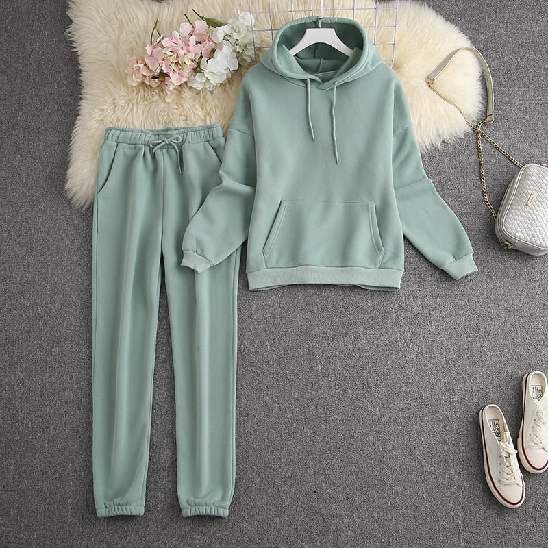 ALPHALMODA New Winter Hooded Sweatshirt Pants 2pcs Set Seasonal Trendy Thickened Warm Fleece Tracksuits Trousers Set Candy Colo
