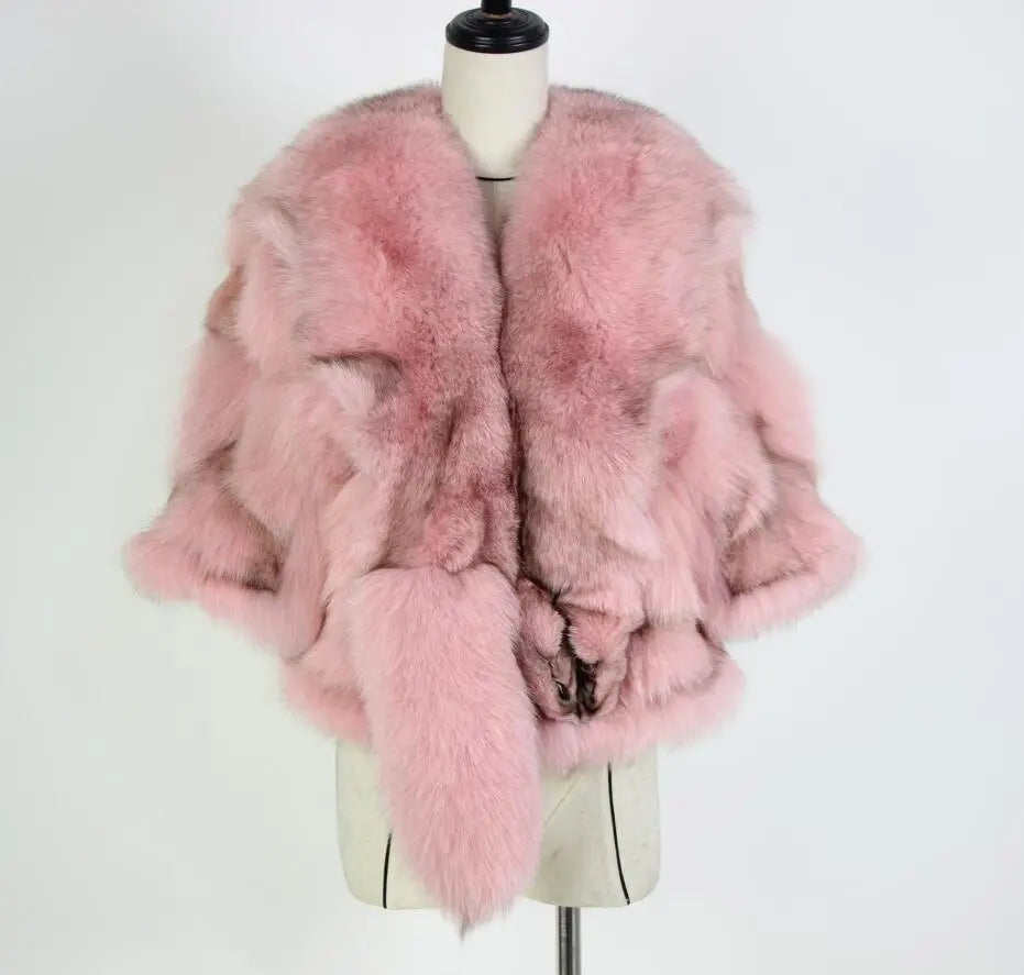 Winter Cloak Warm  Women Cardigan big real Fox Fur Collar Cape Fashion Solid Poncho With medium Fur Sleeves Evening dress shaw