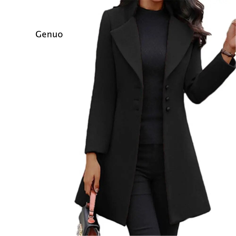 Women Fashion Long Sleeve Woolen Coat Lapel Solid Color Long Jacket Coat Korean Version New Fall Fashion Long Cardigan
