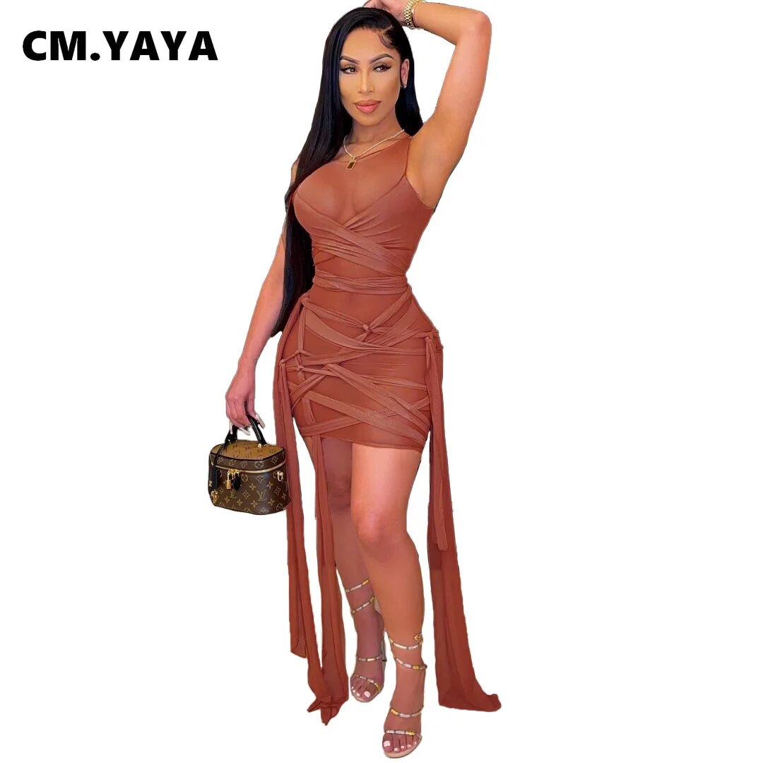 CM.YAYA Women's Mesh See Though Drawstring Lace Up Sleeveless Mini Dress