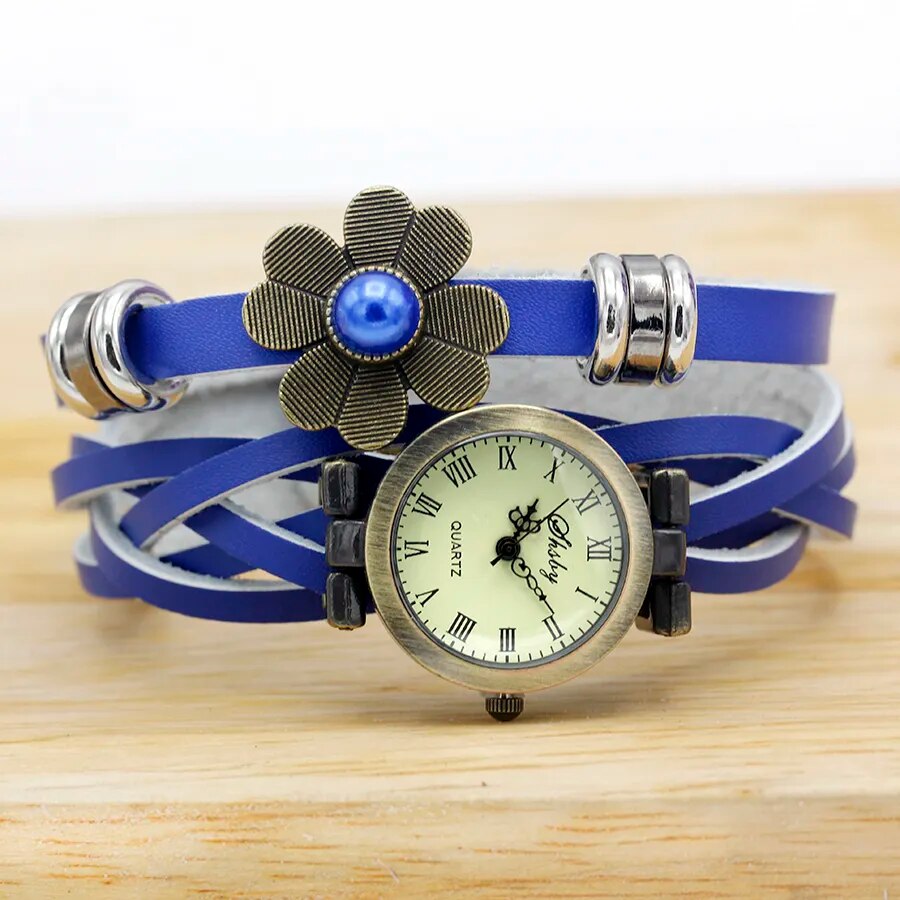 Shsby  New Women Vintage Leather Strap Watches Pearl Sun Flower Bracelet Women Watch Brown Women Wristwatch