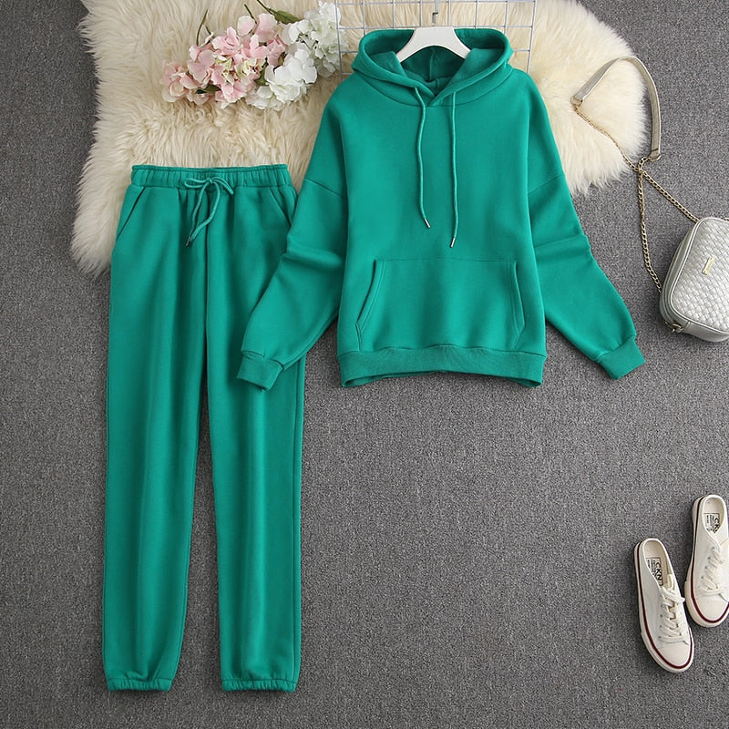 ALPHALMODA New Winter Hooded Sweatshirt Pants 2pcs Set Seasonal Trendy Thickened Warm Fleece Tracksuits Trousers Set Candy Colo