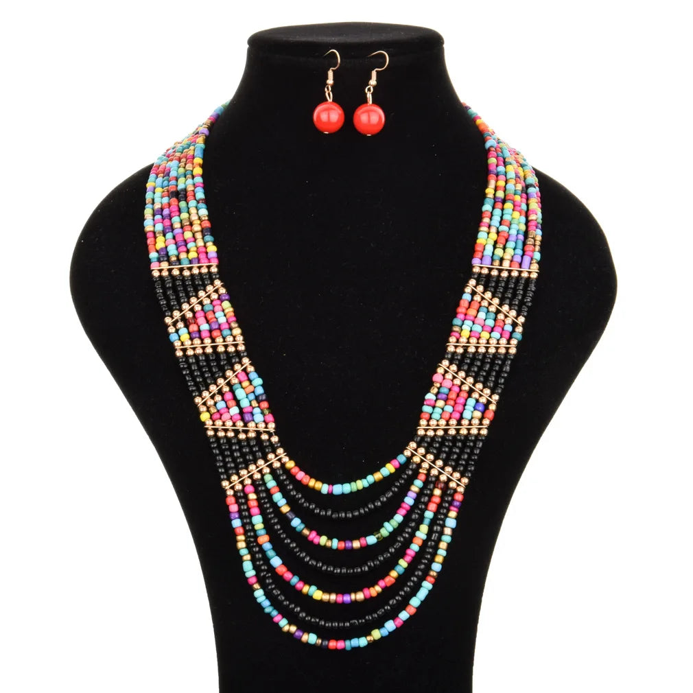 Hyperbole Women's Jewelry Sets Bohemia Multi Layer Handmade Beaded Chains Beads Necklace Hanging Earrings Women Sets for Gift