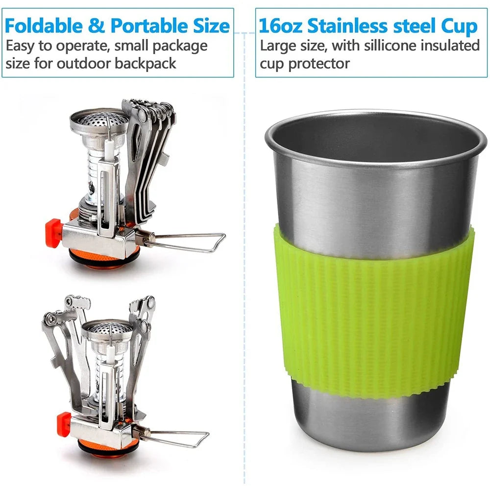 Camping Cookware Kit with Stove Outdoor Cooking Set  Outdoor Pot Travel Tableware Kitchen Hiking Picnic BBQ