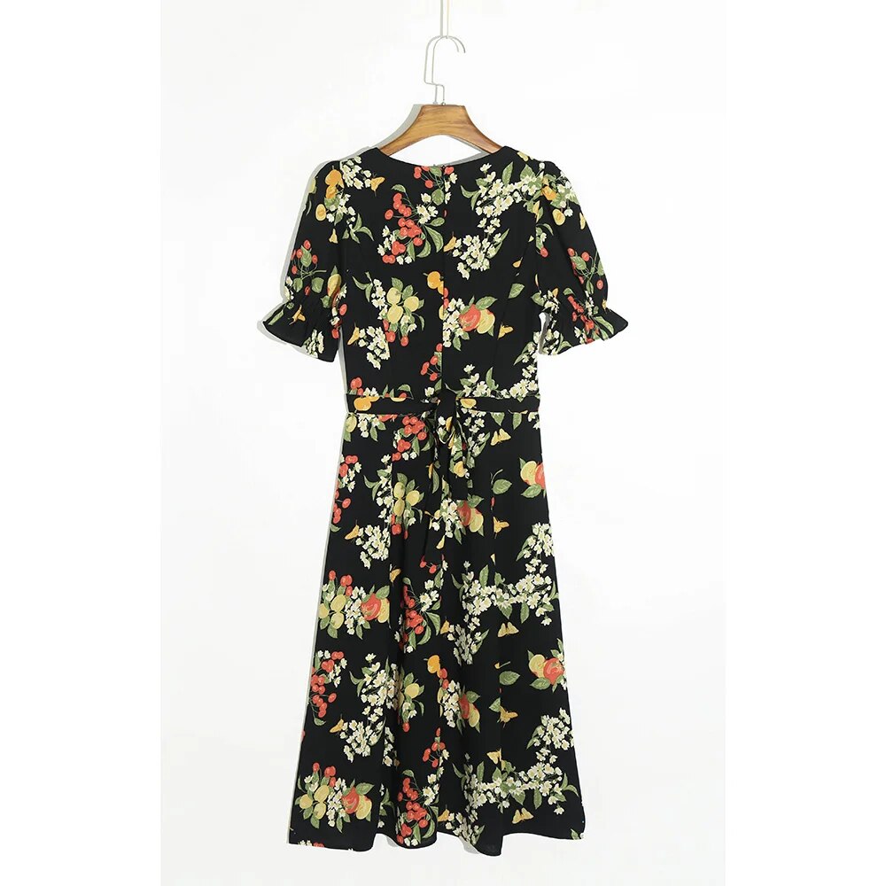 Women Short Sleeve Summer Dress Vintage Floral Print Dress Sweetheart Neck Side Slit Sexy Belted Elegant Midi Dress Sundress