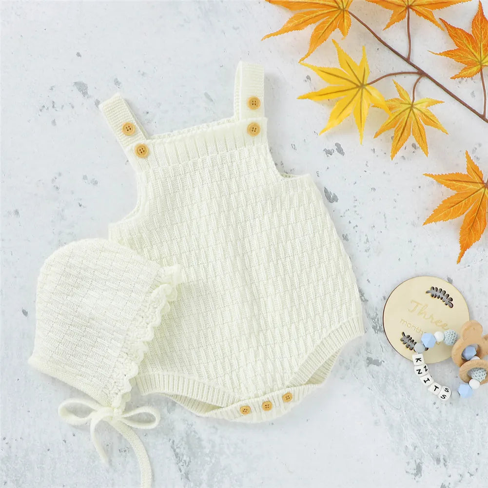 Baby Spring Autumn Clothes Set Knitted Romper Triangle Crotch Button One-Piece Jumpsuit+Hats Toddler Baby Boys Girls 2Pcs