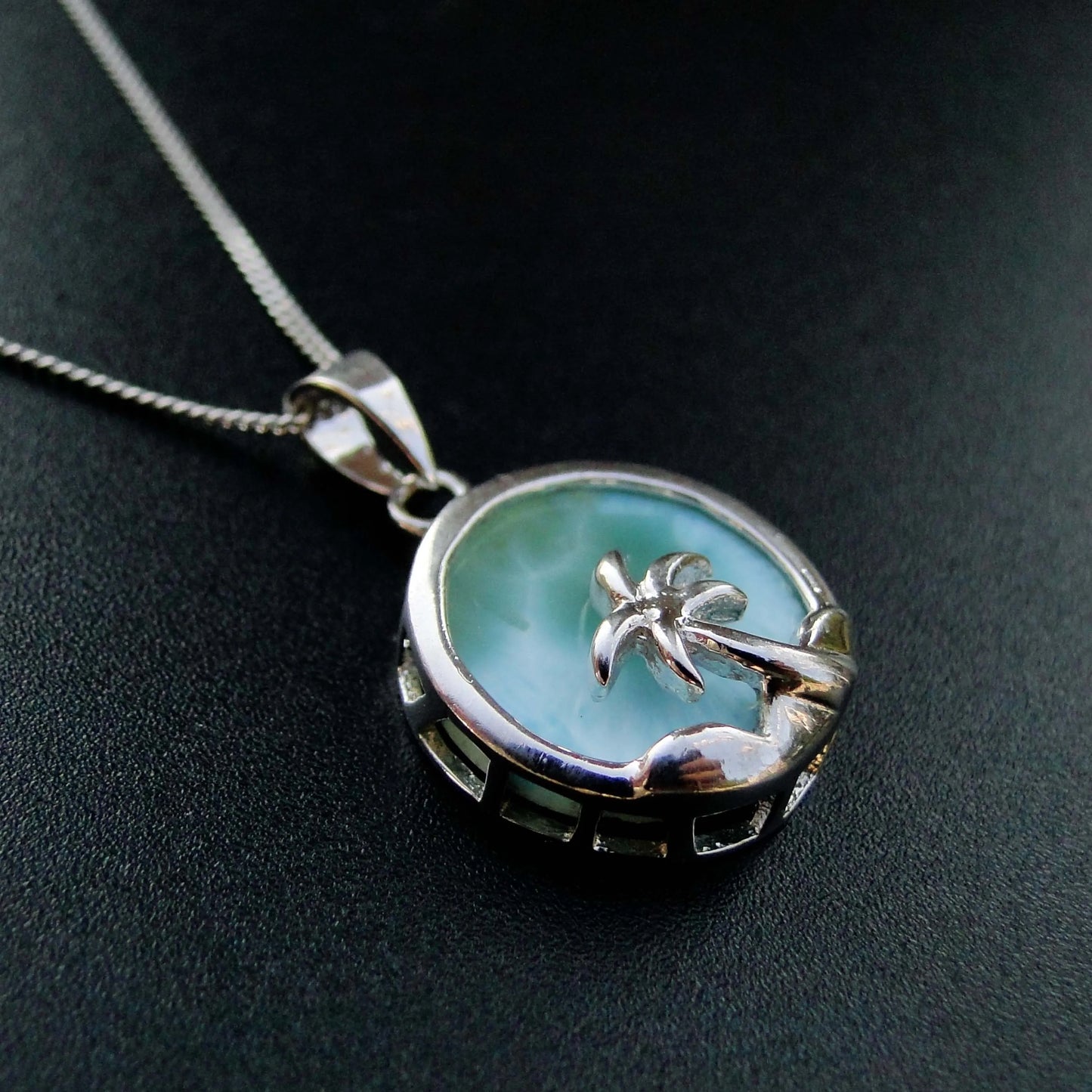 Beautiful Women's Jewelry 925 Sterling Silver Blue Natural Larimar Palm Tree Ocean Pendant Necklace For Gift
