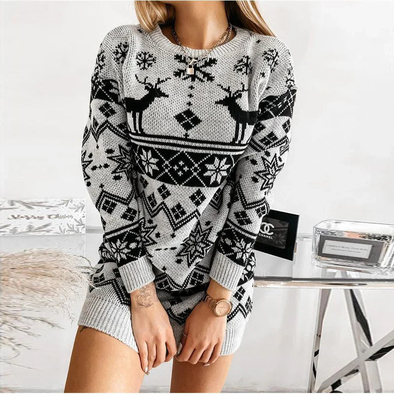 Christmas Sweater Ladies Knitted Dress Autumn Women Temperament Elk Snowflake Round Collar Long Sleeve Sweaters Xmas Wear Y2k