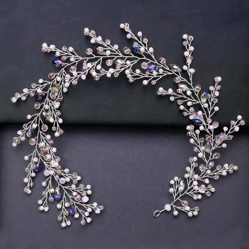 Trendy Purple Crystal Pearl Wedding Headband Tiara Handmade Hairband Bridal Headpiece Wedding Hair Accessories Women's jewelry