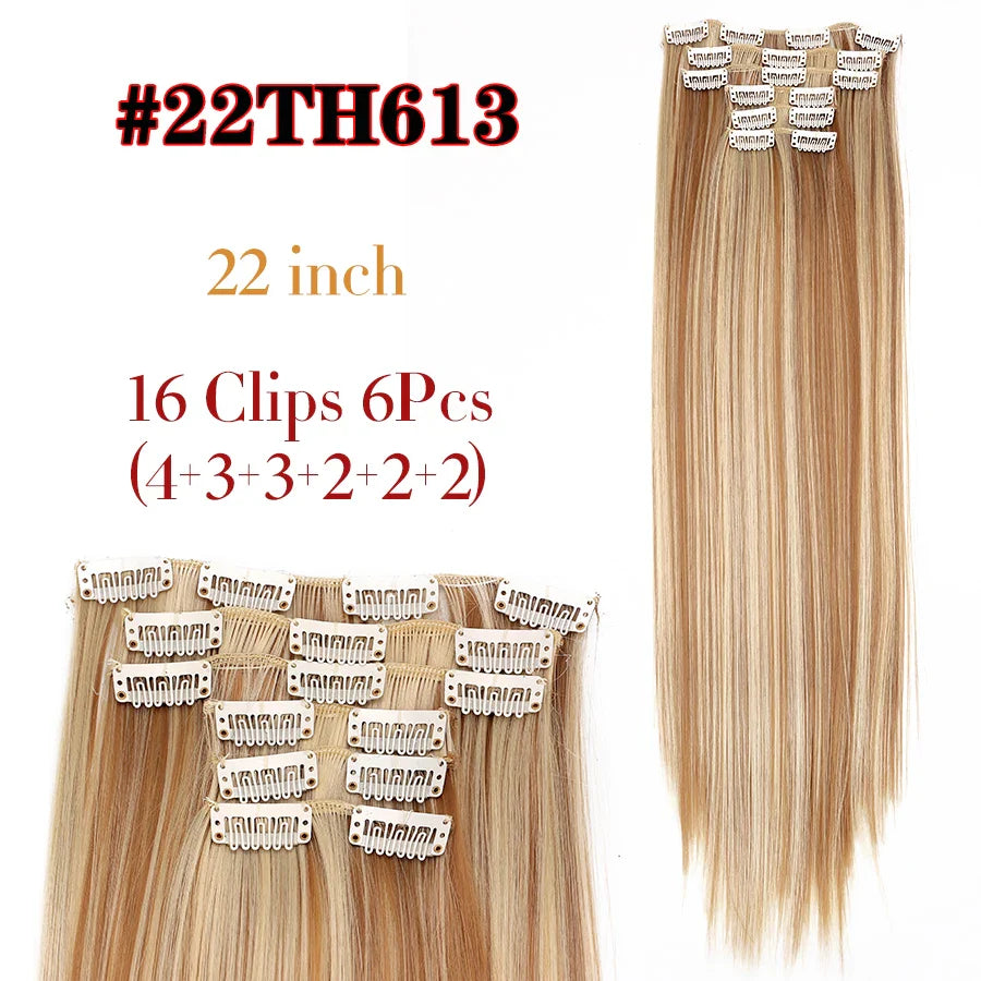 Leeons 16Clips Long Straight Synthetic Clip On Hair Extensions Cheveux Clip Naturel High Temperature Fiber Black Brown Hairpiece