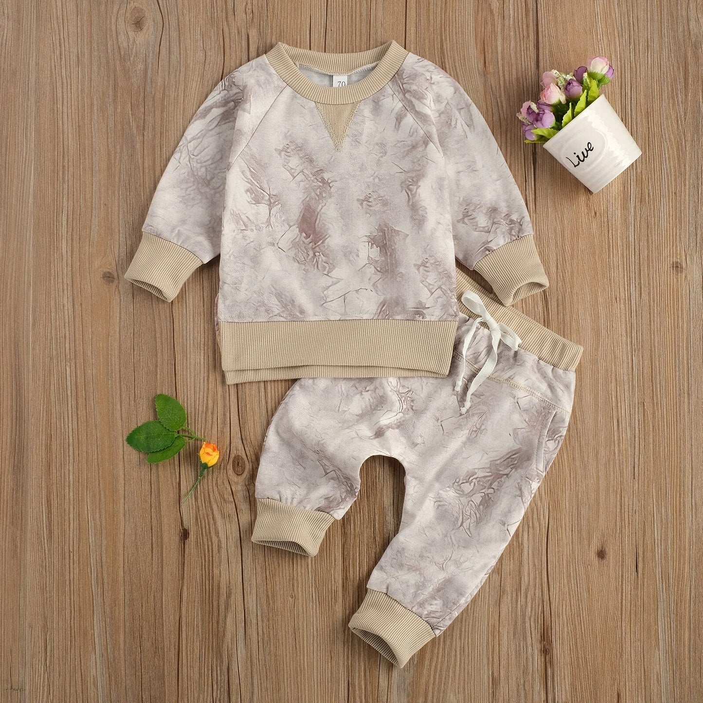 2 Pcs Newborn Baby Girls Boys Tie Dye Outfits, Infant Long Sleeve Round Neck Pullover + Tie Up Pants Pockets Spring Autumn