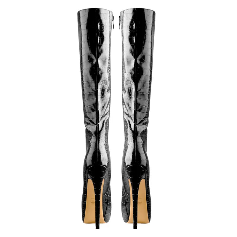 Onlymaker Women Crocodile Platform Zipper Knee High Boots16CM Thin High Heel Pointed Toe Pattern Fashion Sexy Winter Boots