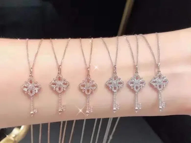 925 Sterling Silver Pave Crystal Vintage Key Pendant 14k Gold Plating Necklace Women Light Luxury Temperament Dress Jewelry