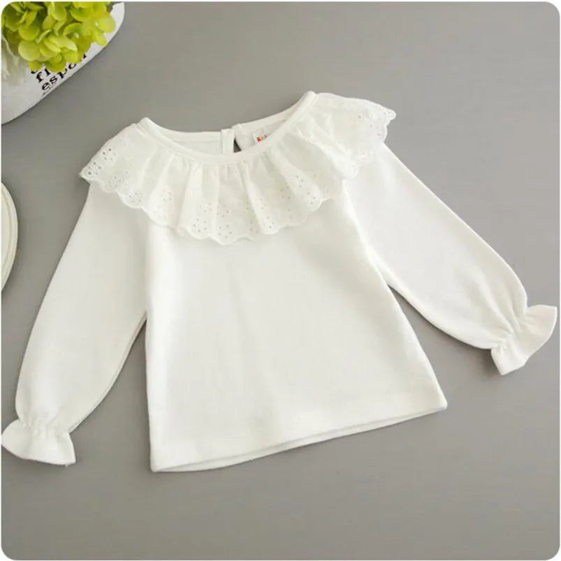 Kids White Shirts For Baby Girl Long Sleeve Ruffle Doll Collar Girls Blouses Autumn Children School Clothes Toddler lace shirt