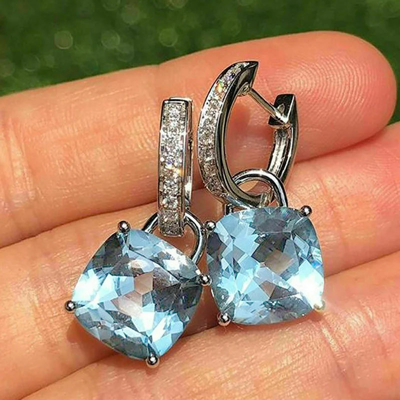 Huitan New Arrival Dangle Earrings Women Cushion Cut Blue Cubic Zirconia Pendant Simple Stylish Girls Earrings Statement Jewelry