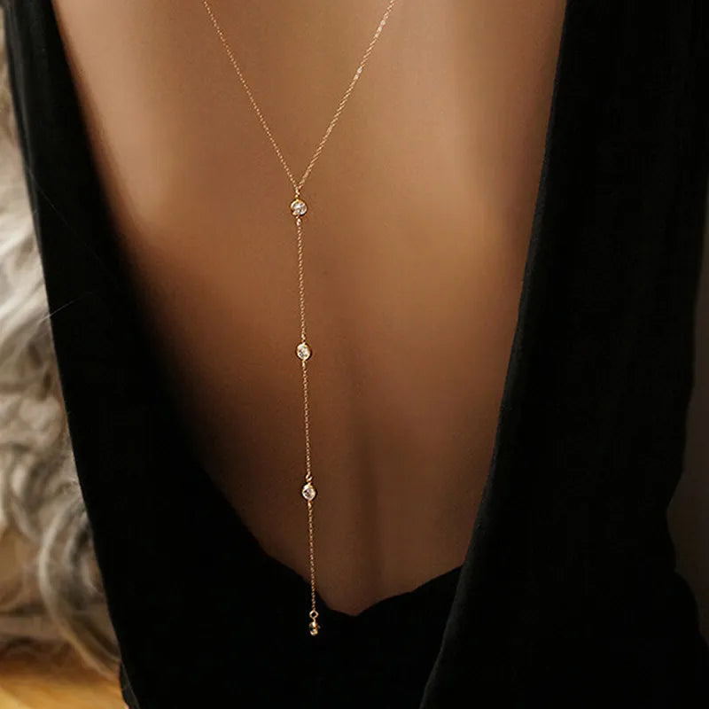 Sexy Summer Women Long Necklace Body Chain Bare Back Gold Color Crystal Pendant Necklace Beach Body Jewelry Wedding Dress