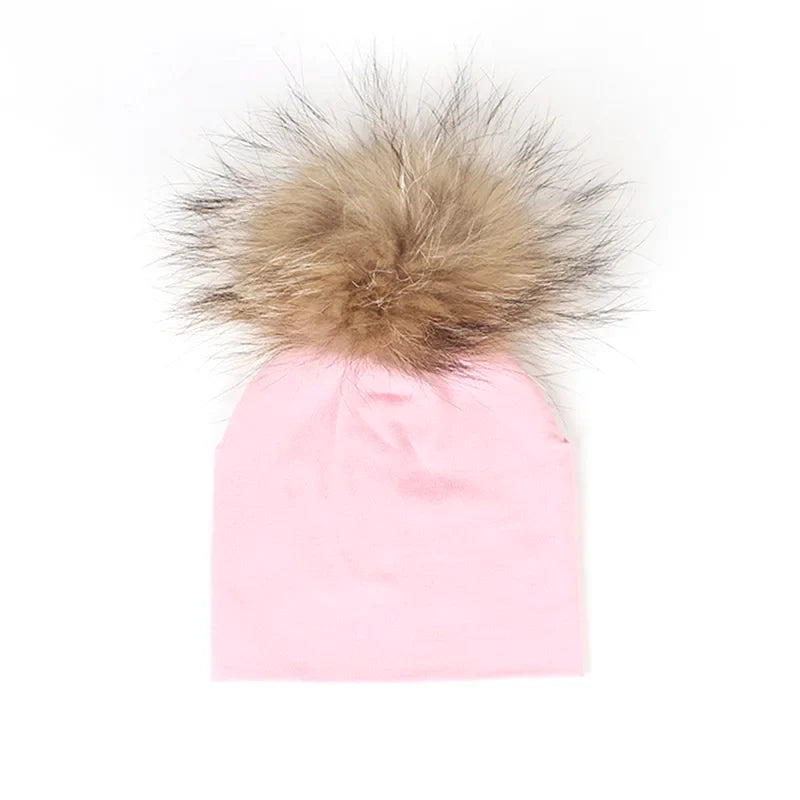 Geebro 0-3 Month Baby Boys Soft Cotton Real Fur pompom Beanies Hats For Newborn Girls Spring Autumn Kids Infants Toddler