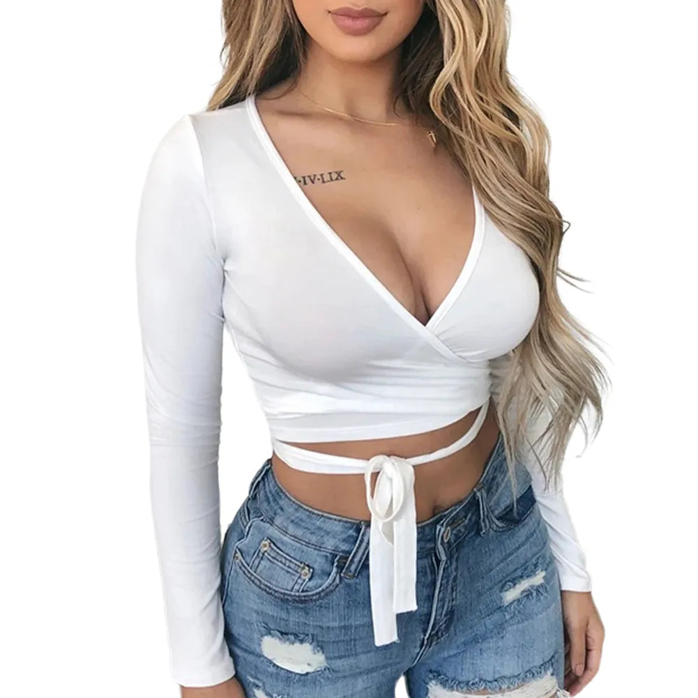 Fashion Women's Wrap Top Sexy Deep V Neck Knot Front Long Sleeve Basic Tee Strappy T shirt Tops Summer Casual Short Clothes