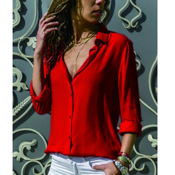 2024 New Women's Clothes Ladies Long Sleeve Deep V-Collar Chiffon Shirt and Tops Casual Women Button Office Shirts Plus Size
