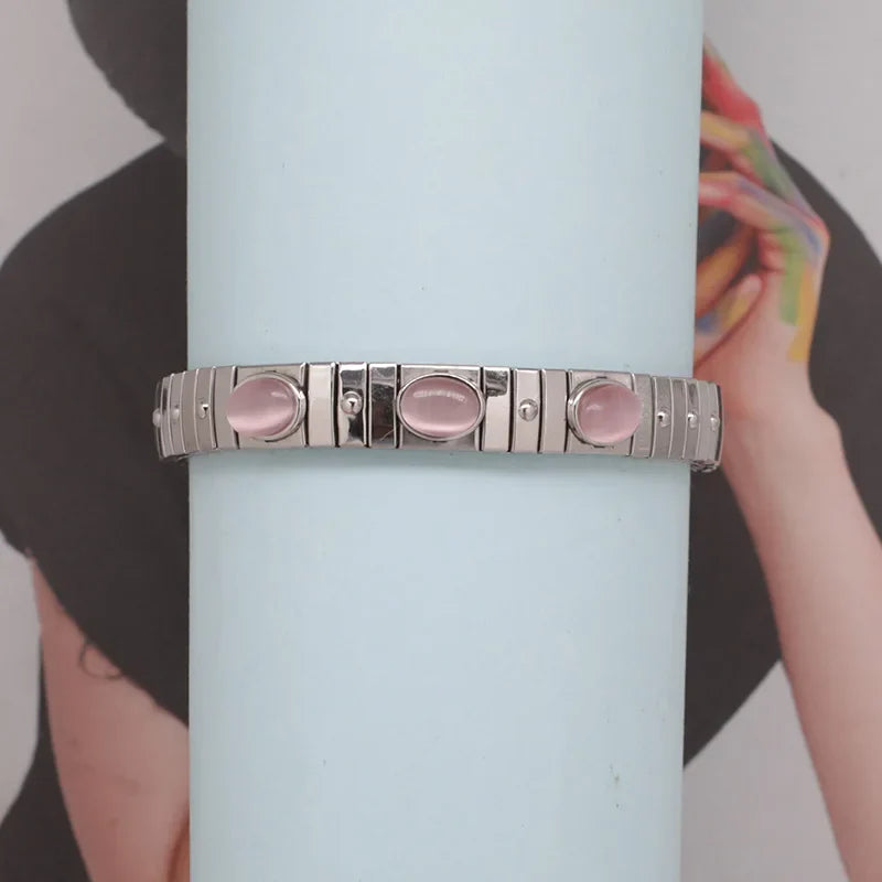 Hapiship New Women's Jewelry 9mm Width Stainless Steel Pink Opals Elastic Fashion Bracelet For Women Men Jewelry MY028