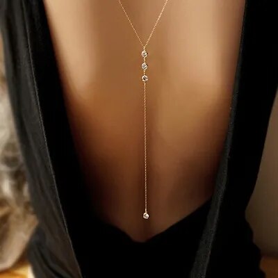 Sexy Summer Women Long Necklace Body Chain Bare Back Gold Color Crystal Pendant Necklace Beach Body Jewelry Wedding Dress