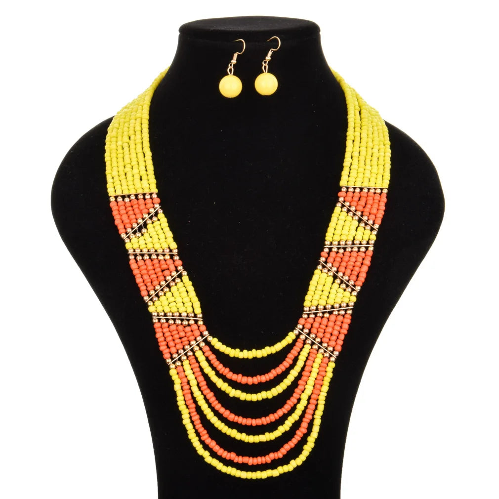 Hyperbole Women's Jewelry Sets Bohemia Multi Layer Handmade Beaded Chains Beads Necklace Hanging Earrings Women Sets for Gift