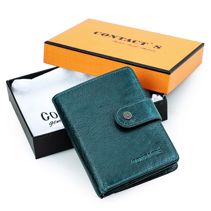 Contact's Genuine Leather Wallet Women Rifd Small Card Holder Wallets Ladies Blue Coin Purse Portfel Fashion Trifold Clutch Bag