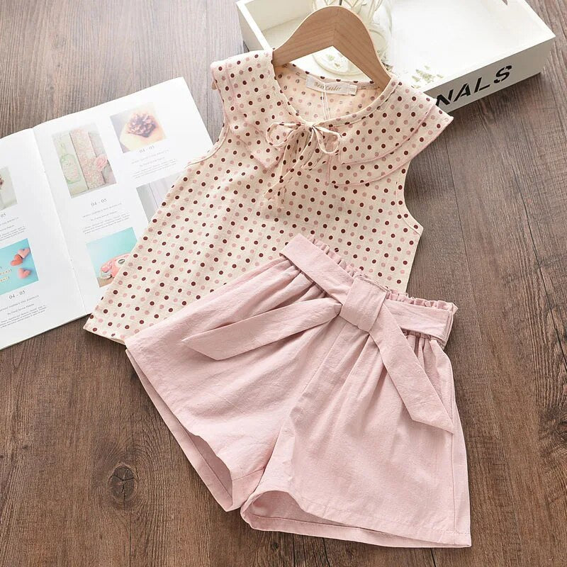 2023 Blast Fashion Girl Clothing Sleeveless O-Neck Polka Bow Shorts Girl Children Summer Clothes Baby Girl Clothes 2 Piece Sets