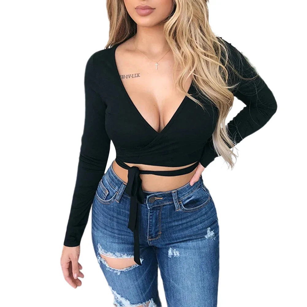 Fashion Women's Wrap Top Sexy Deep V Neck Knot Front Long Sleeve Basic Tee Strappy T shirt Tops Summer Casual Short Clothes