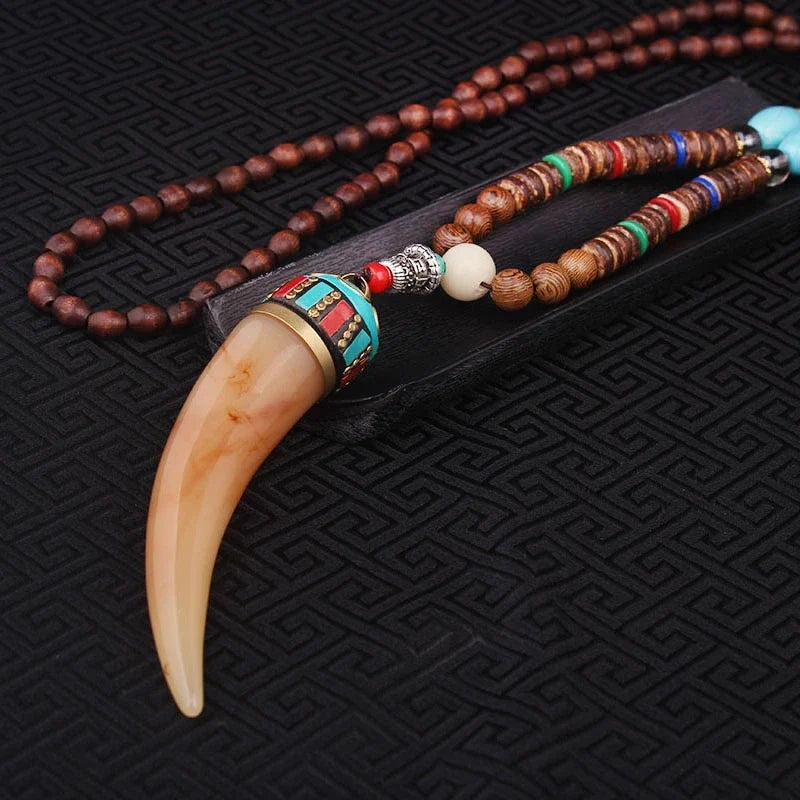 Vintage Handmade Necklace Nepal Buddhist Mala Wood Beads Pendant & Necklace Ethnic Horn Long Statement Men Women's Jewelry