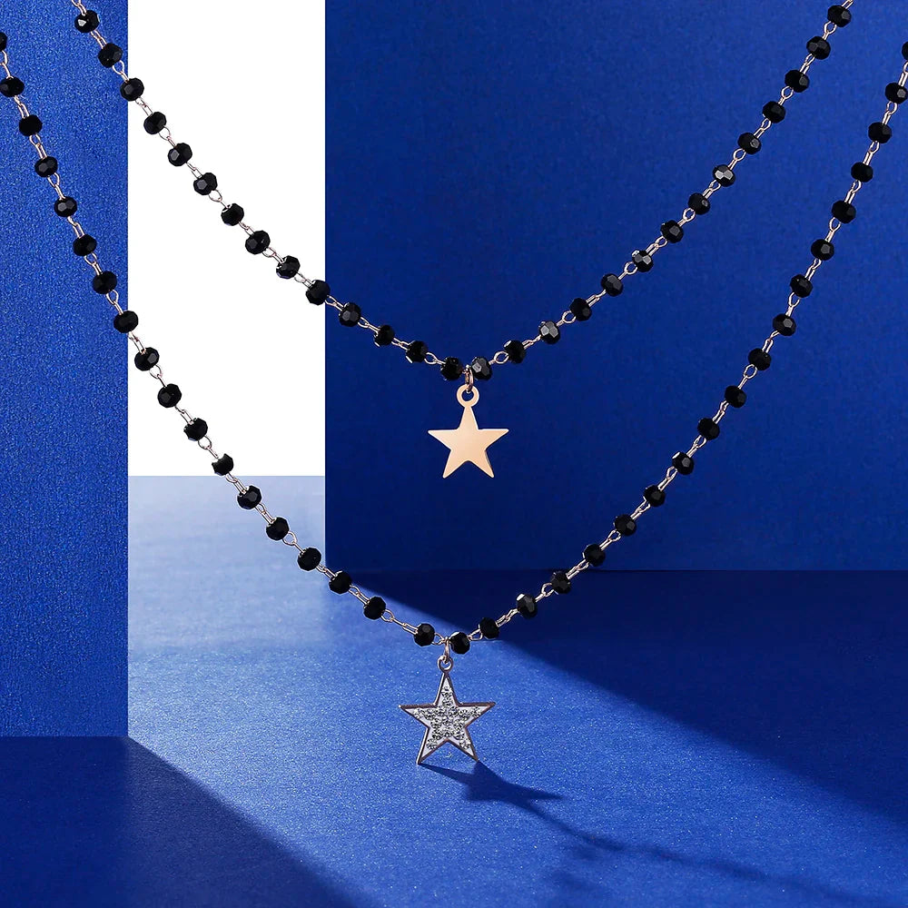 Fashion Double Layer Black Crystal Beads Necklace For Women Stainless Steel Star Choker Necklace Women's Jewelry femme Bijoux