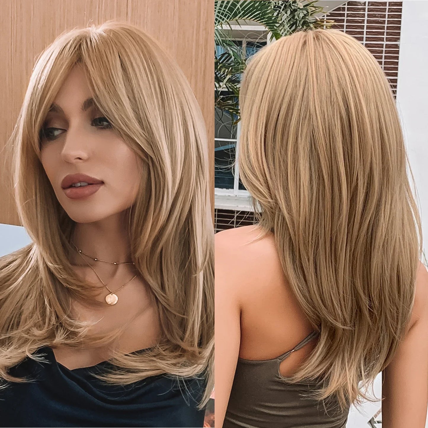 Element Medium Length Synthetic Straight Natural Brown Wigs with Side Bangs Heat Resistant Party Wigs for White/Black Women