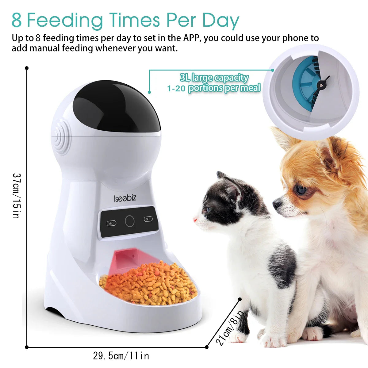 Iseebiz 3L Automatic Pet Feeder With Voice Record Pets Food Bowl For Medium Small Dog Cat LCD Screen Dispensers 4 Times One Day