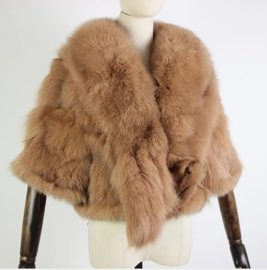 Winter Cloak Warm  Women Cardigan big real Fox Fur Collar Cape Fashion Solid Poncho With medium Fur Sleeves Evening dress shaw