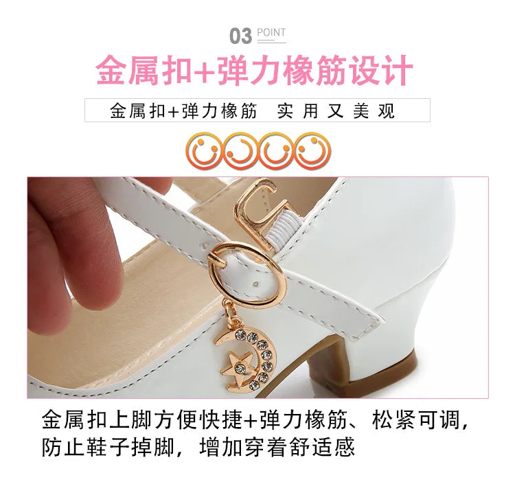 Children Girls Leather Shoes White Princess High Heel Shoes For Kids Girls Performance Dress Student Show Dance Sandals 26-41