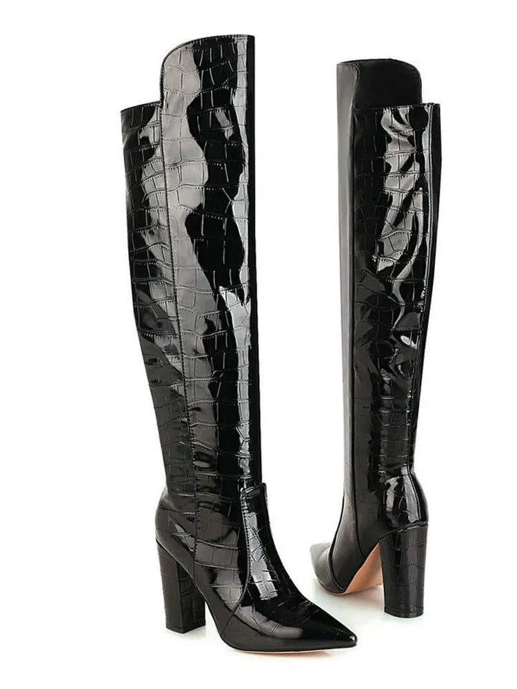 Black Brown Wine Red White Women Over the Knee Boots Patent PU Leather Women Winter Shoes Fashion Pointed Toe Square Heel Shoes