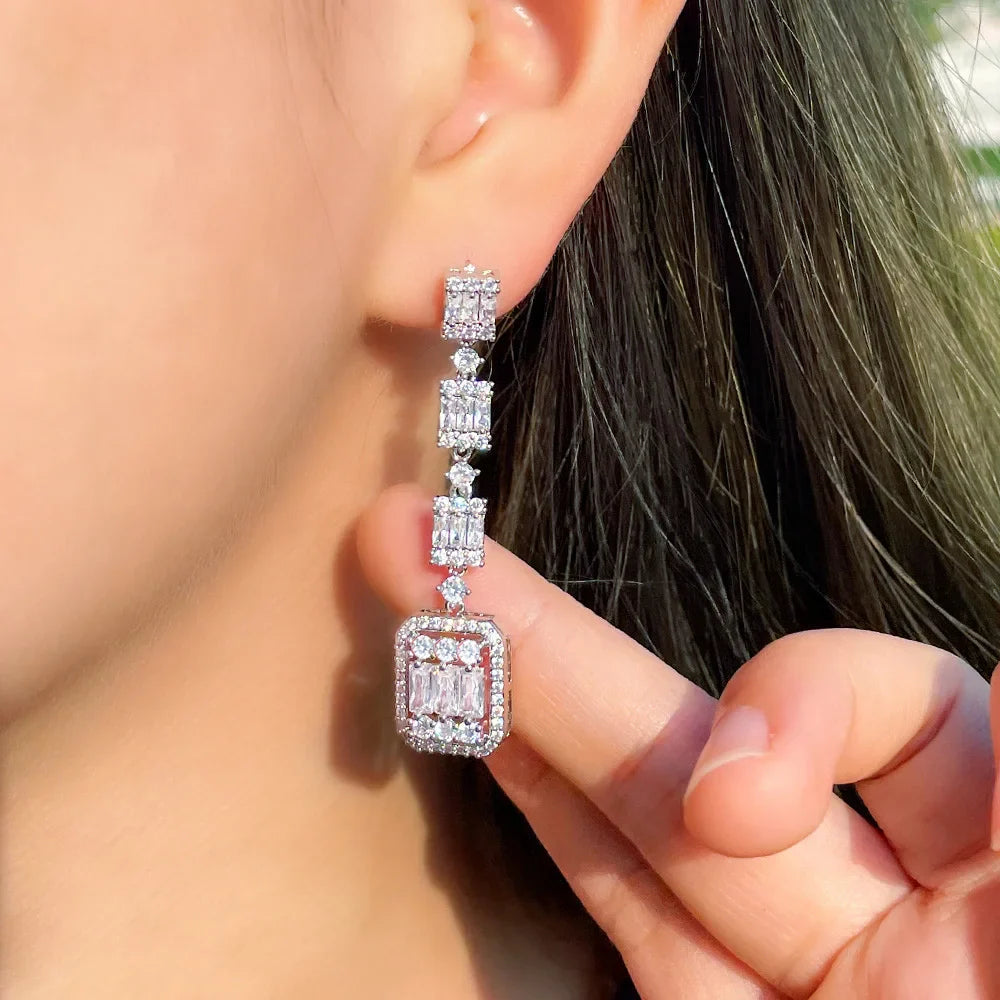 CWWZircons Gorgeous White Baguette CZ Long Dangle Party Earrings for Women Chic Cubic Zirconia Engagement Bridal Jewelry CZ065